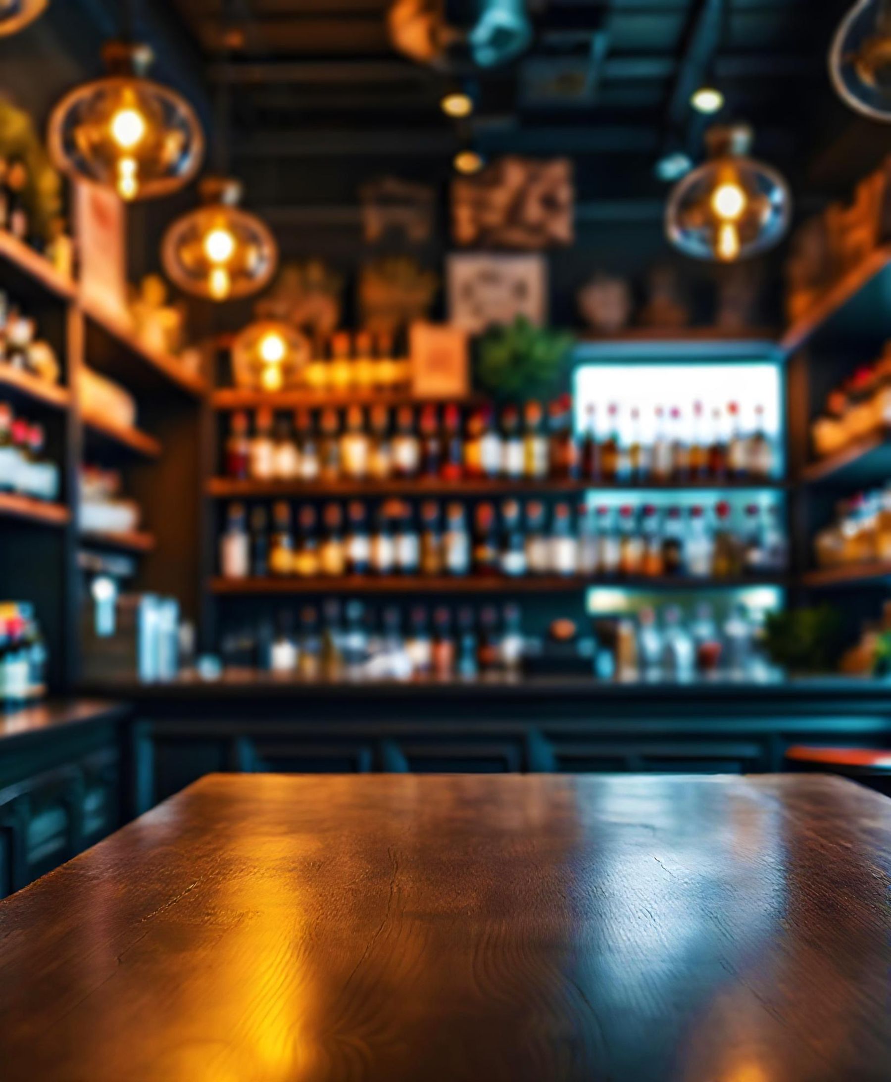 Barra de bar con botellas de vinos y destilados